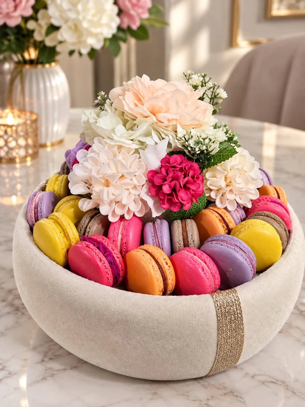 Coupe de macarons colorés, décorée de fleurs