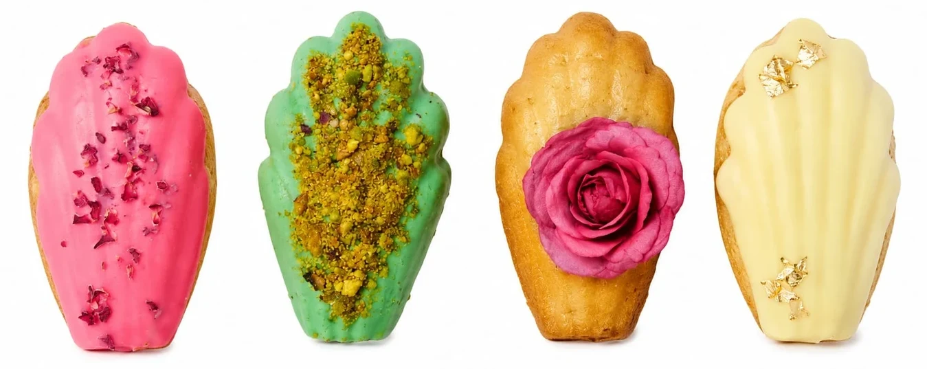 Madeleines aux pétales de rose, pistache, fleur et feuille d'or